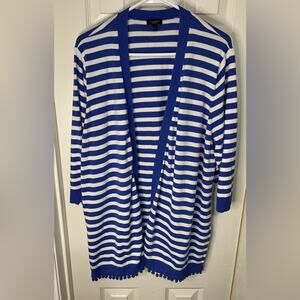 Talbots Blue White Stripe Coastal Lightweight Open Front Cardigan Pom Pom 3XP